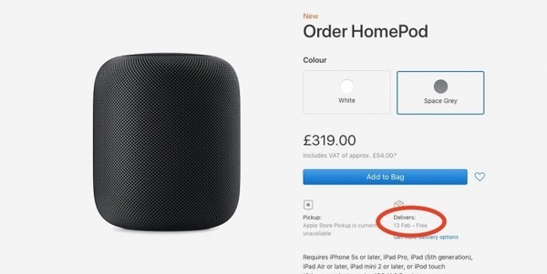 HomePod終發(fā)售 英國(guó)用戶發(fā)貨延期很著急